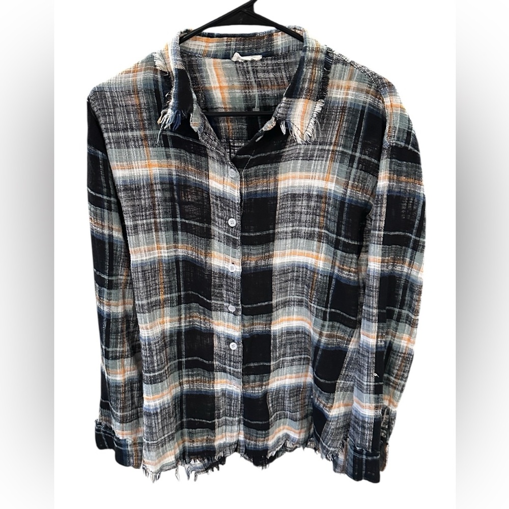 La Miel Black and Orange Plaid Button-Up Shirt- Large